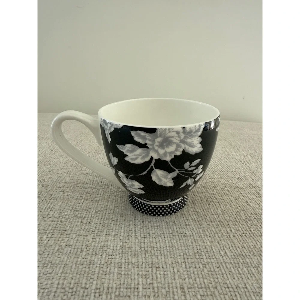 Portobello By Inspire Tea Coffee‎ Cup Black White Floral Polka Dots Bone China